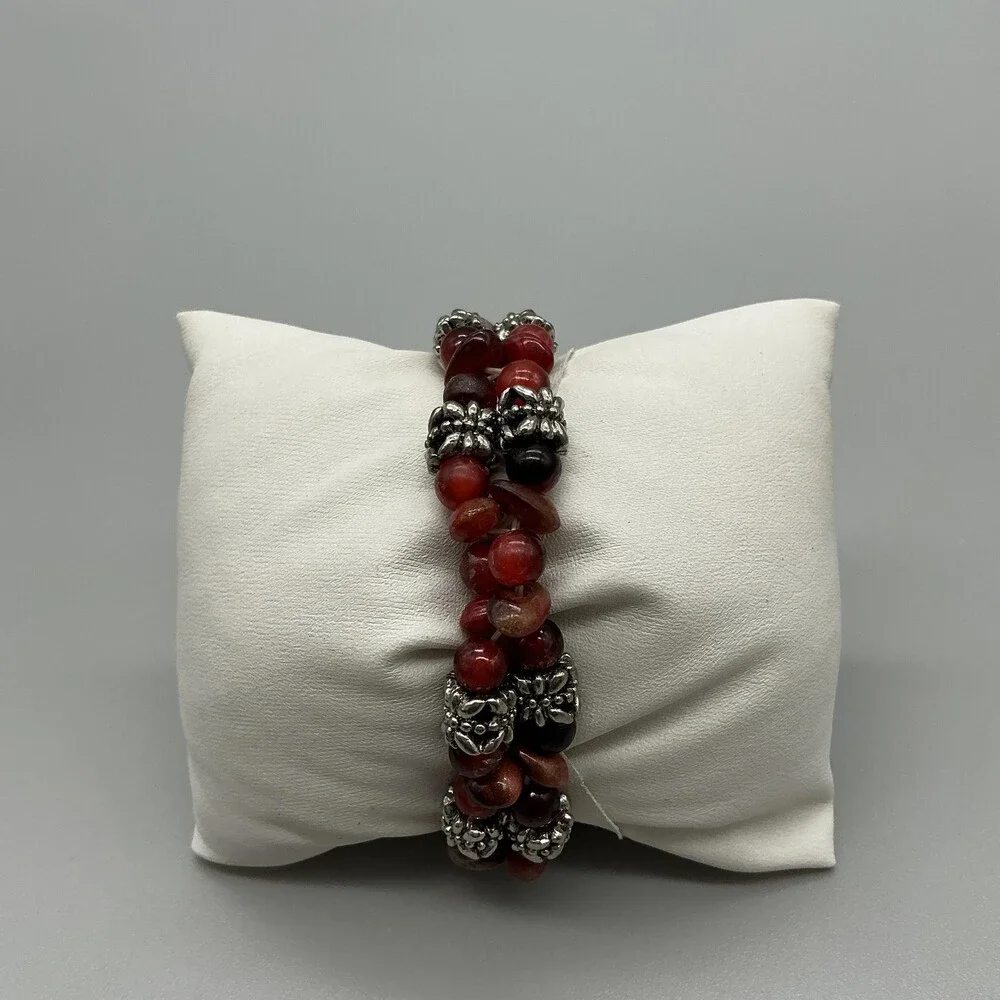 Vivani Womens Watch 18mm Silver Tone Red Beaded Stretch Band New Battery